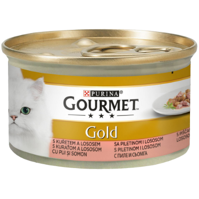 Мокра храна в консерва за котки PURINA GOURMET Gold Хапки в Сос Пиле и Сьомга 85г, 24 бр.