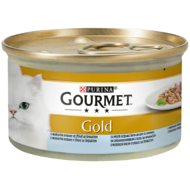 Мокра храна в консерва за котки PURINA GOURMET Gold двойно удоволствие океанска риба и спанак 12 бр. х 85г