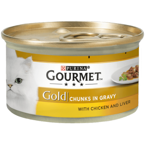 Мокра храна в консерва за котки PURINA GOURMET Gold Хапки в Сос Пиле и Черен Дроб 85г, 24 бр.