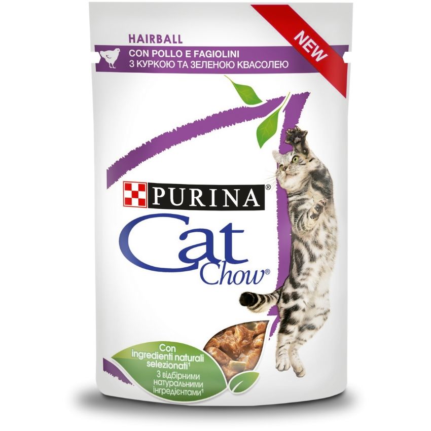 Пауч Purina Cat Chow Hairball - хапки в сос с пилешко месо и зелен фасул, против образуване на космени топки, 85г