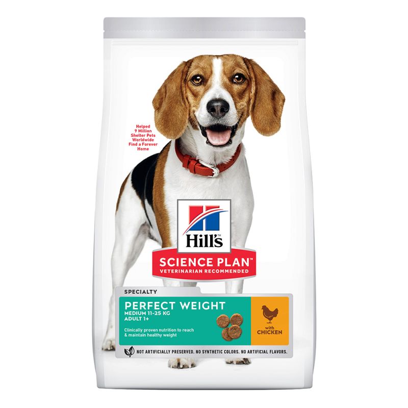Hills Science Plan Perfect Weight Medium Adult - пълноценна храна с пилешко за кучета от средните породи (10-25кг) над 1 год., с наднормено тегло или с тенденция за натрупване на тегло. Клинично доказано хранене за достигане и поддържане на здравословно тегло 2 кг.