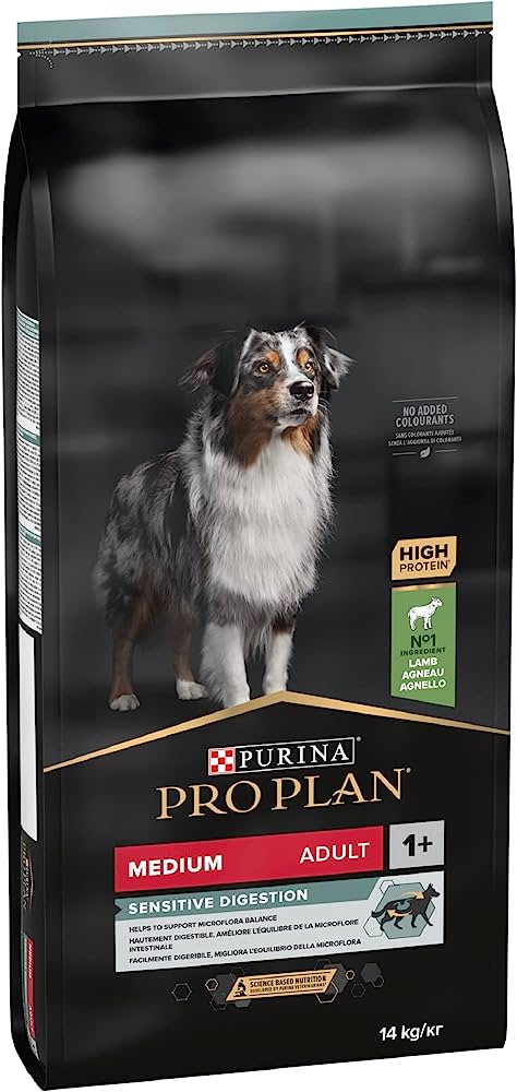 Храна за кучета в зряла възраст Purina Pro Plan Adult Medium Sensitive Digestion с вкус на агнешко месо и ориз за средни породи - 14 кг.