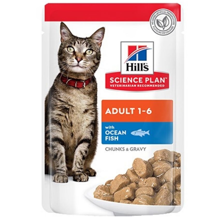 Hills Science Plan Feline Adult - с океанска риба, малки късчета в сос грейви за зрели котки над 1 година 12 х 85 гр.