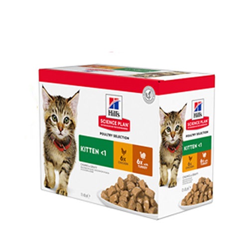 Hills Science Plan Kitten Poultry Selection - колекция паучове, малки късчета в сос грейви за котенца от отбиване до 1година, за бременни и кърмещи котки с пилешко и пуешко 12 x 85 гр.