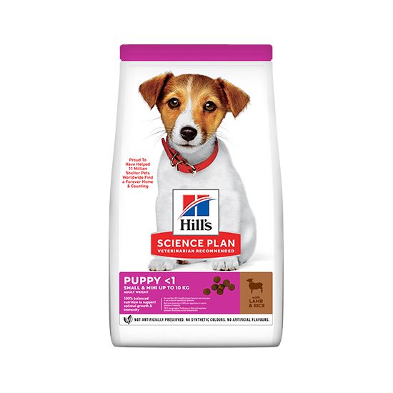 Hills Science Plan Small&Mini Puppy - пълноценна суха храна с агнешко месо, за дребни и миниатюрни породи кучета от отбиване до 1 година. За бременни и кърмещи кучета 5+1 кг.