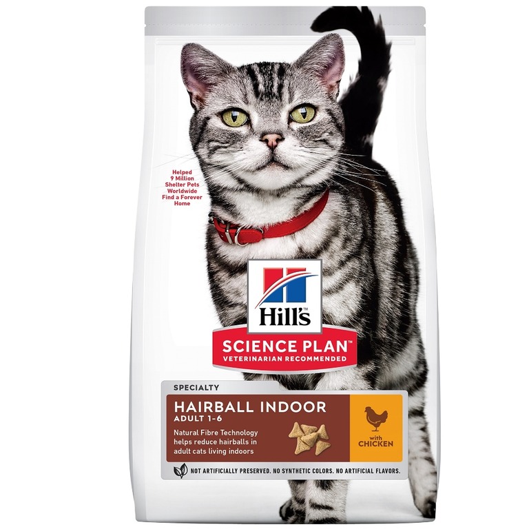 Hills Science Plan Adult Hairball Indoor - с пилешко месо, за котки, живеещи на закрито, за намаляване на космените топки, 1-6 год. 1.5 кг.