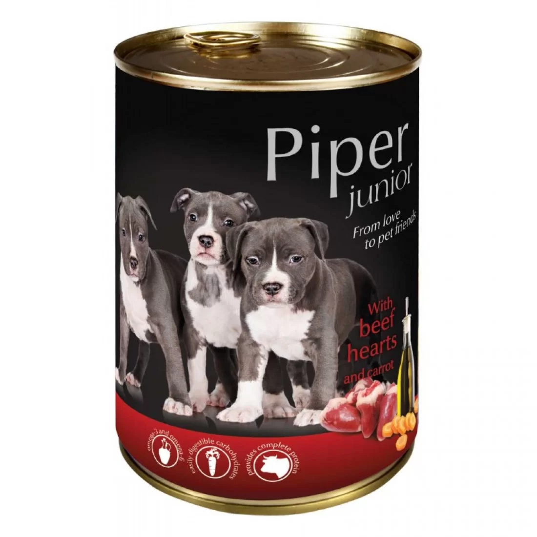 Piper Junior - премиум консервирана храна за малки кученца, телешки сърца/моркови 3 бр. х 400 г