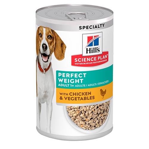 Hills - Science Plan Perfect Weight Chicken & Vegetables - пълноценна мокра храна с пилешко и зеленчуци за кучета над 1 год., с наднормено тегло. 370 г