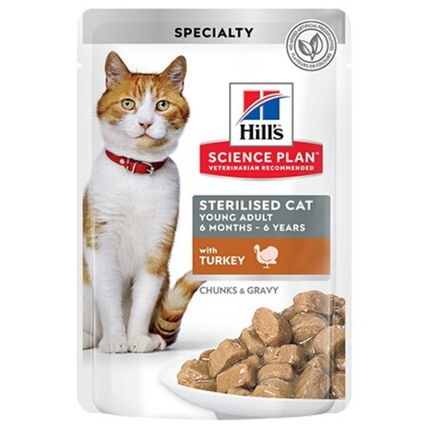 Hills Science Plan Feline Sterilised Cat Young Adult - с пуешко месо, за кастрирани котки от 6 месеца до 6 години 12 х 85 гр.