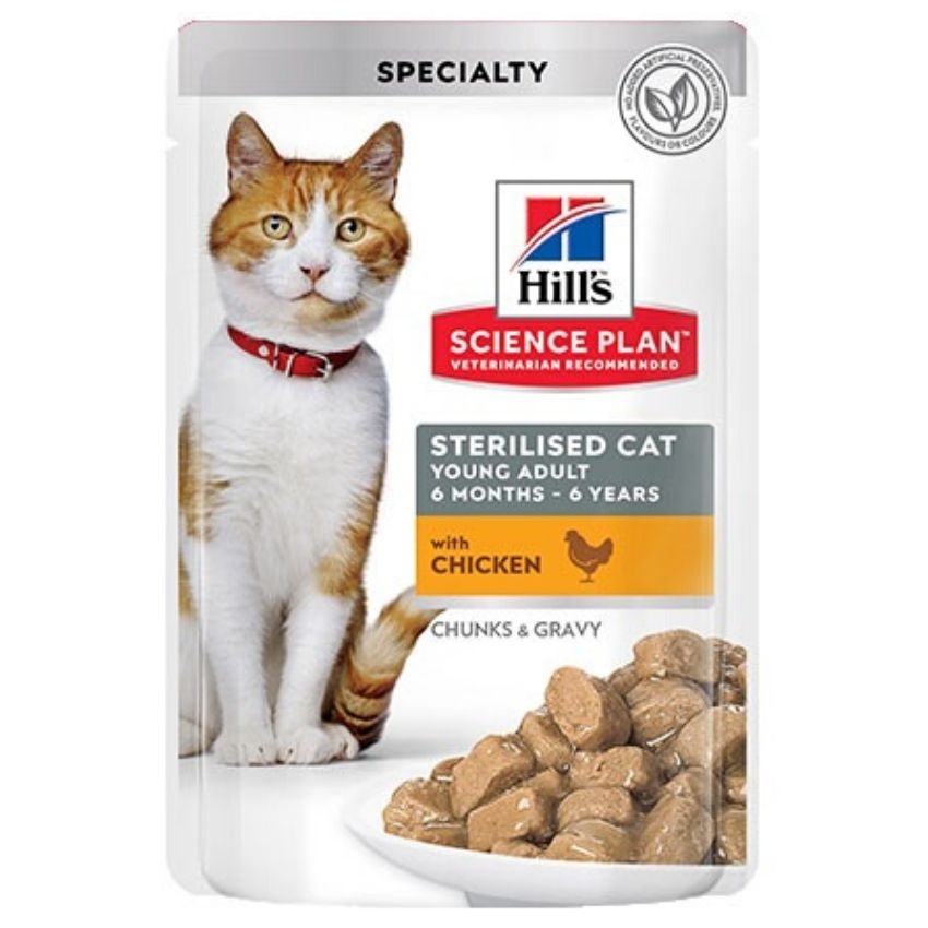 Hills Science Plan Feline Sterilized Cat Young Adult - с пилешко месо, за кастрирани котки от 6 месеца до 6 години 12 х 85 гр.