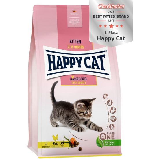 Happy Cat Young Kitten Farm Poultry - храна за подрастващи котки от 2 до 6 месеца, с птиче месо, 1.3 кг.