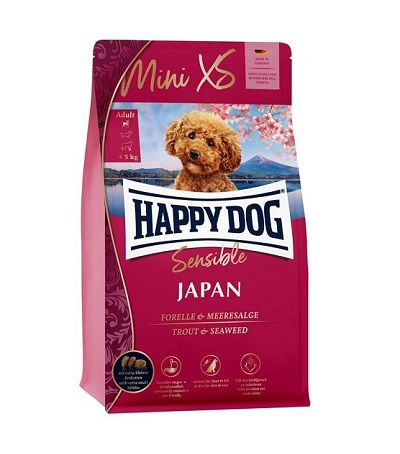 Happy Dog Sensible Mini XS Japan - храна за кучета над 12 месеца, мини породи до 5 кг. с пилешко месо, пъстърва и водорасли, 1.3 кг.