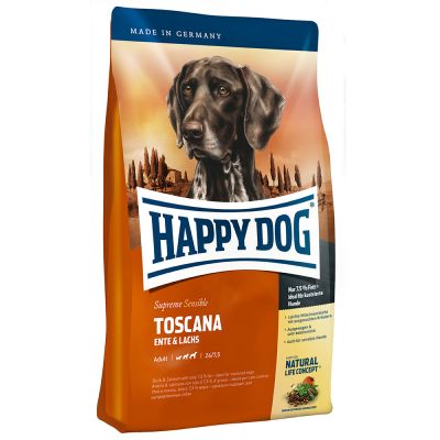 Happy Dog Sensible Toscana - храна за кучета над 12 месеца и тегло над 11 кг. с патешко месо, сьомга и билки, 12.5 кг.