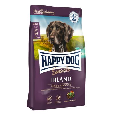 Happy Dog Sensible Ireland - храна за кучета над 12 месеца и тегло над 11 кг. със сьомга, заешко месо и билки, 4 кг.