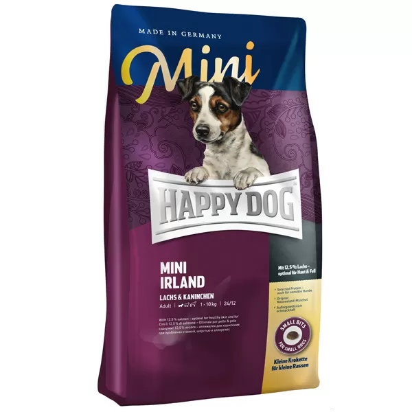 Happy Dog Sensible Mini Ireland - храна за кучета над 12 месеца, мини и малки породи до 10 кг. със сьомга, заешко месо и билки, 4 кг.
