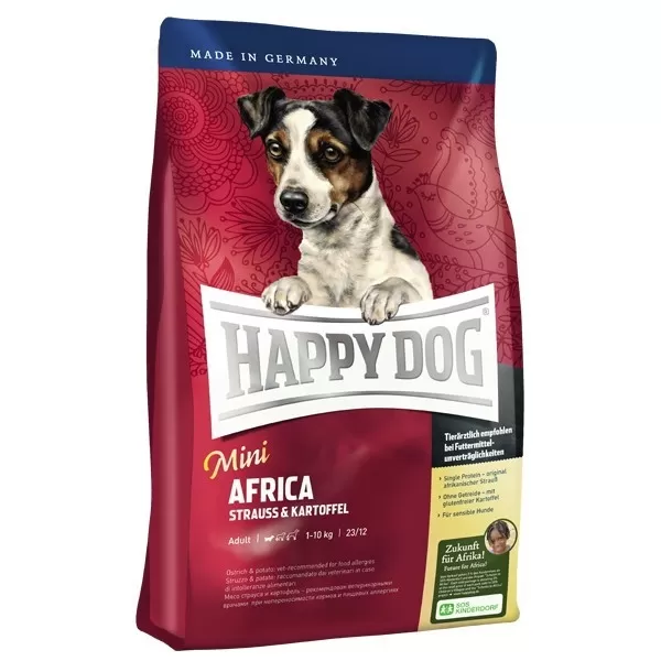 Happy Dog Sensible Mini Africa - храна за кучета над 12 месеца, малки и мини породи до 10 кг. с месо от щраус и картофи, 4 кг.