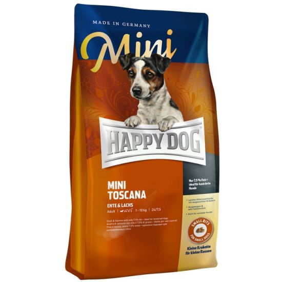 Happy Dog Sensible Mini Toscana - храна за кучета над 12 месеца, мини и малки породи до 10 кг. с патешко месо, сьомга и билки, 4 кг.