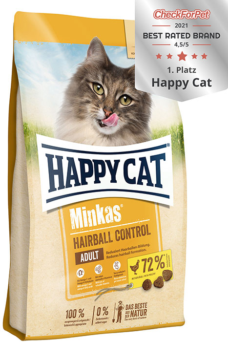 Happy Cat Minkas Hairball Control - пълноценна храна за котки над 12 месеца за профилактика при образуване космени топки, с пилешко месо, 10 кг.