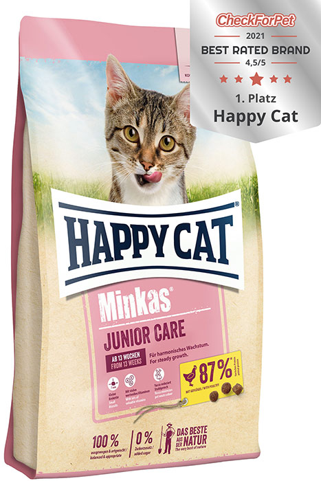 Happy Cat Minkas Junior Care - пълноценна храна за котки над 4 месеца с пилешко месо, 10 кг.