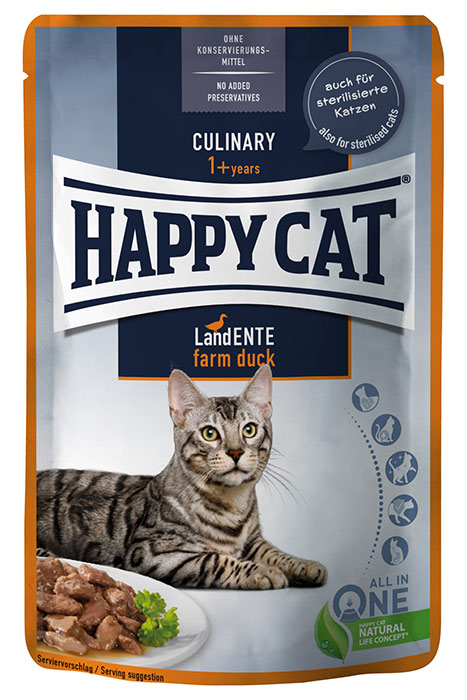 Happy Cat MIS Culinary Farm Duck - храна за израснали котки с патешко месо в сос, 85 гр.