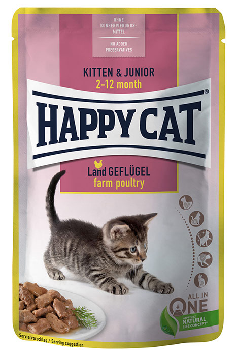 Happy Cat MIS Kitten & Junior Farm Poultry - храна за котки от 2 до 12 месеца с пилешко месо в сос, 85 гр.