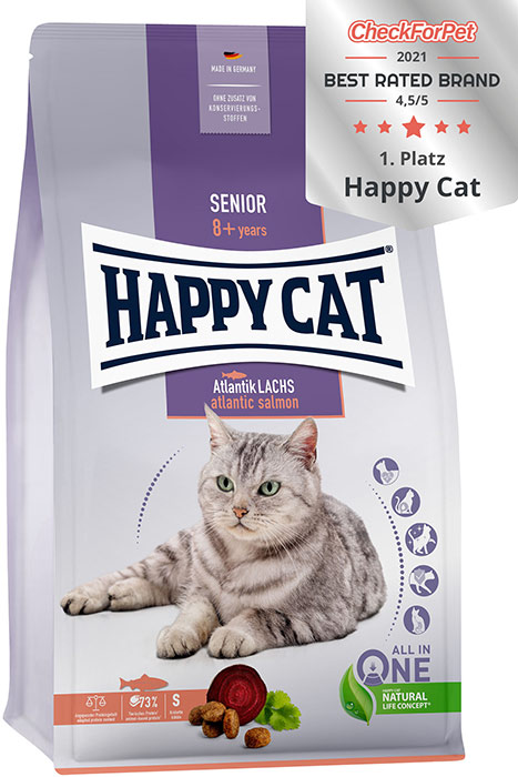 Happy Cat Senior Atlantic Salmon - пълноценна храна за котки над 8 години със сьомга, 4 кг.