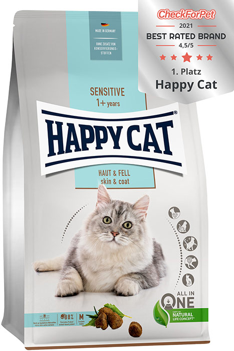 Happy Cat Sensitive Skin & Coat -храна за котки за поддържане на естествения блясък на козината и кожата, 1.3 кг.