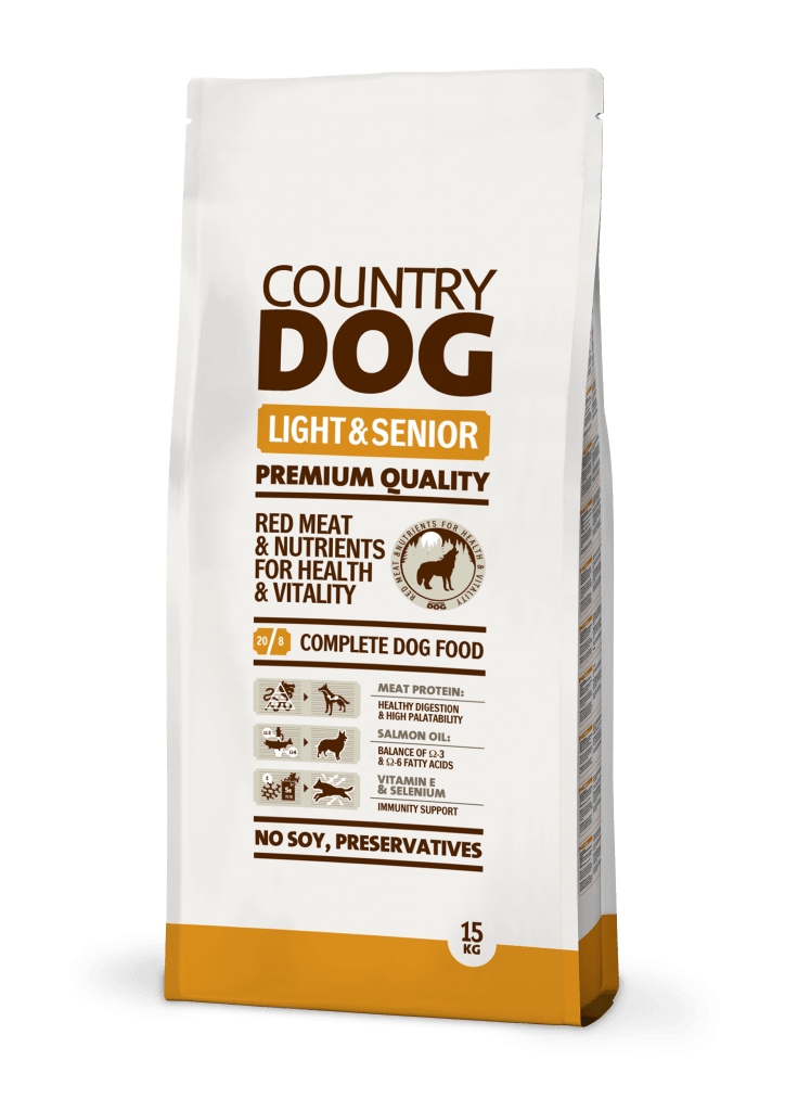 COUNTRY DOG Senior & Light - пълноценна храна за възрастни кучета и кучета с наднормено тегло. 15 кг.