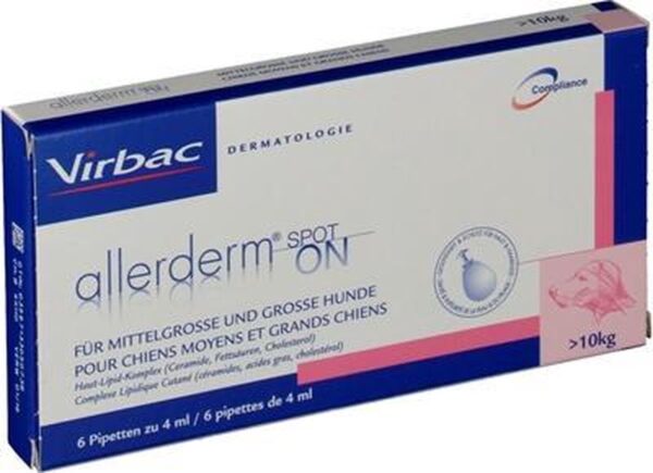 Virbac Allerderm - липиден комплекс възстановяващ кожната бариера, при проблемна кожа, за кучета над 10 кг., 6 броя пипети по 4 мл.