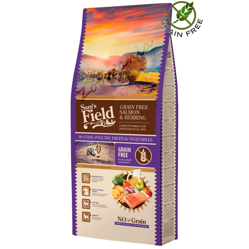 SAM'S FIELD Grain Free СЬОМГА И ХЕРИНГА - пълноценна храна за израснали кучета от всички породи без зърнени култури. 13 кг.