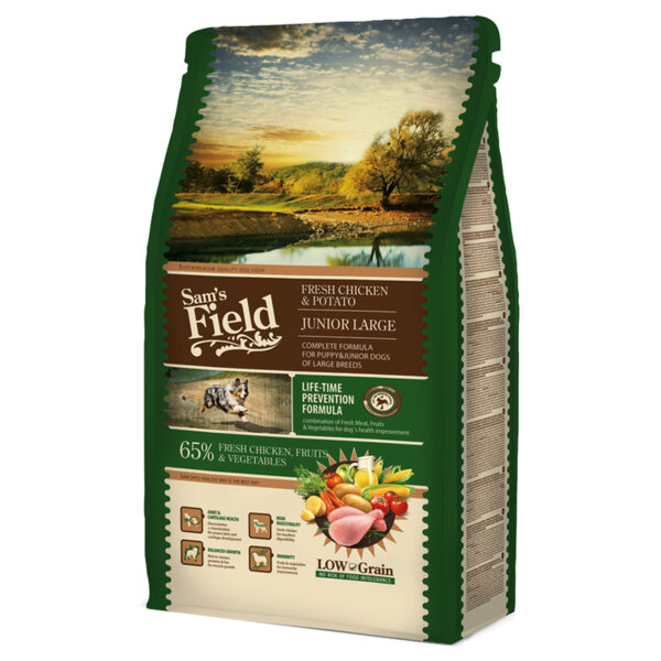 SAM'S FIELD Dog Fresh Пиле и Картофи Junior Large - пълноценна храна за подрастващи кучета от едри породи 2 - 24 месеца 2.5 кг.