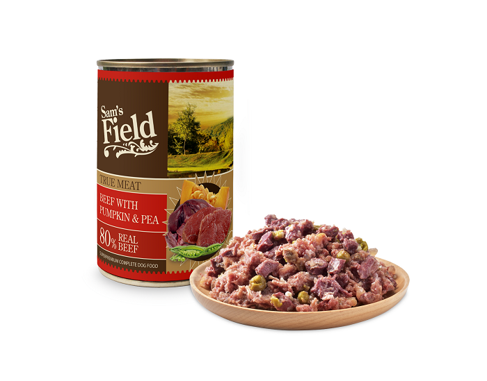 SAM'S FIELD TRUE MEAT Говеждо , Тиква и Грах - суперпремиум формула за израснали кучета от всички породи.-400 г