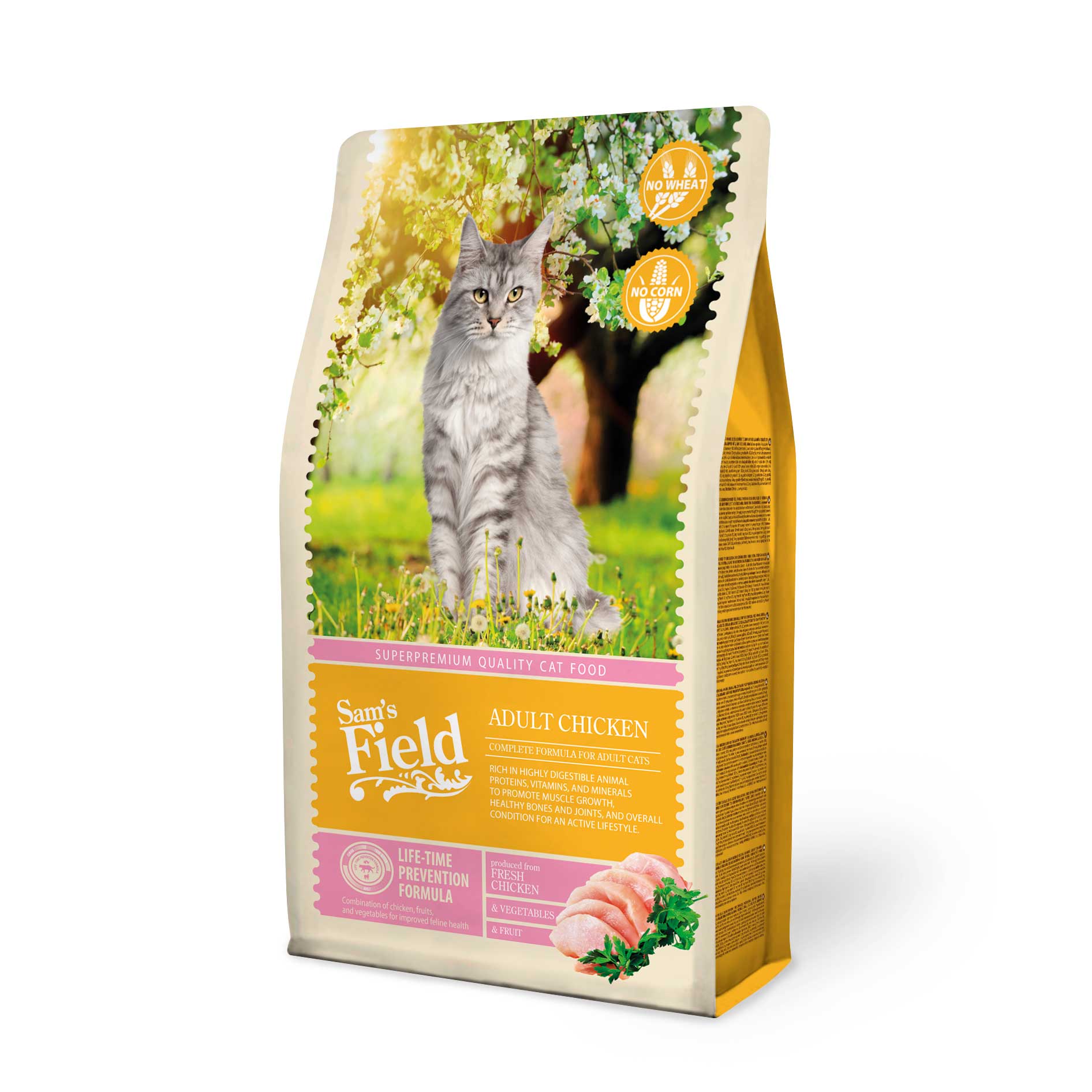 SAM'S FIELD CAT ADULT - пълноценна храна за израснали котки без пшеница и царевица с пилешко месо.-7.5 кг.