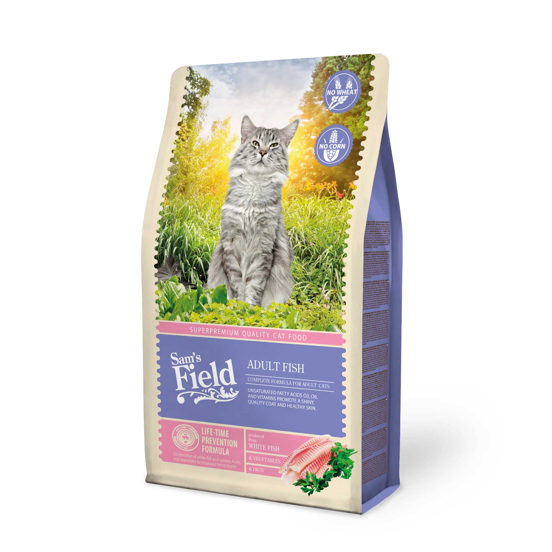 SAM'S FIELD CAT ADULT FISH - пълноценна храна за израснали котки без пшеница и царевица с риба. 7.5 кг.