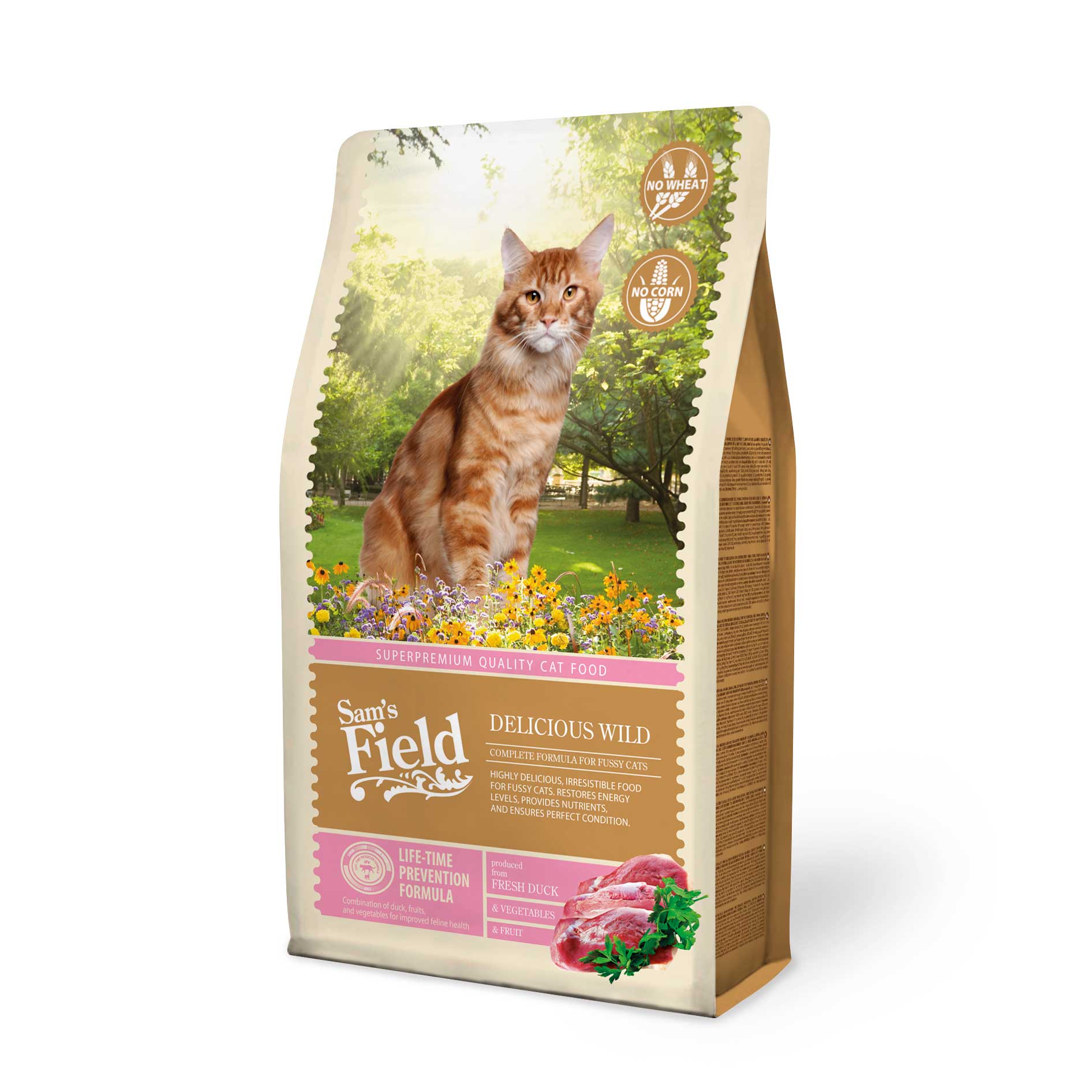 SAM'S FIELD CAT DELICIOUS WILD - пълноценна храна за капризни котки без пшеница и царевица с патешко месо. 7.5 кг.