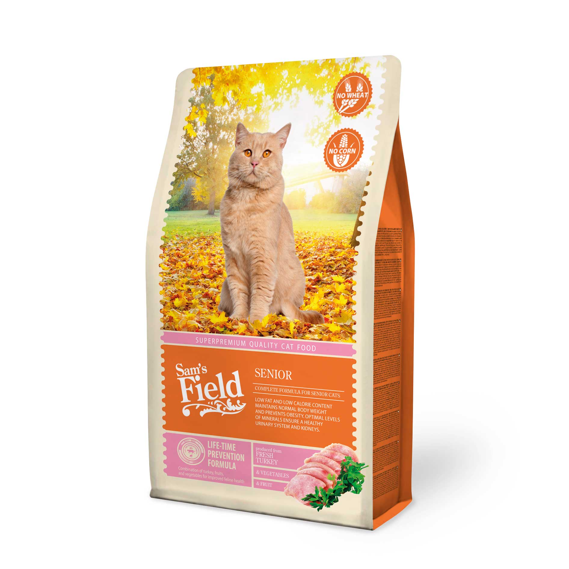 SAM'S FIELD CAT SENIOR - пълноценна храна за възрастни котки без пшеница и царевица с пуешко месо. 7.5 кг.