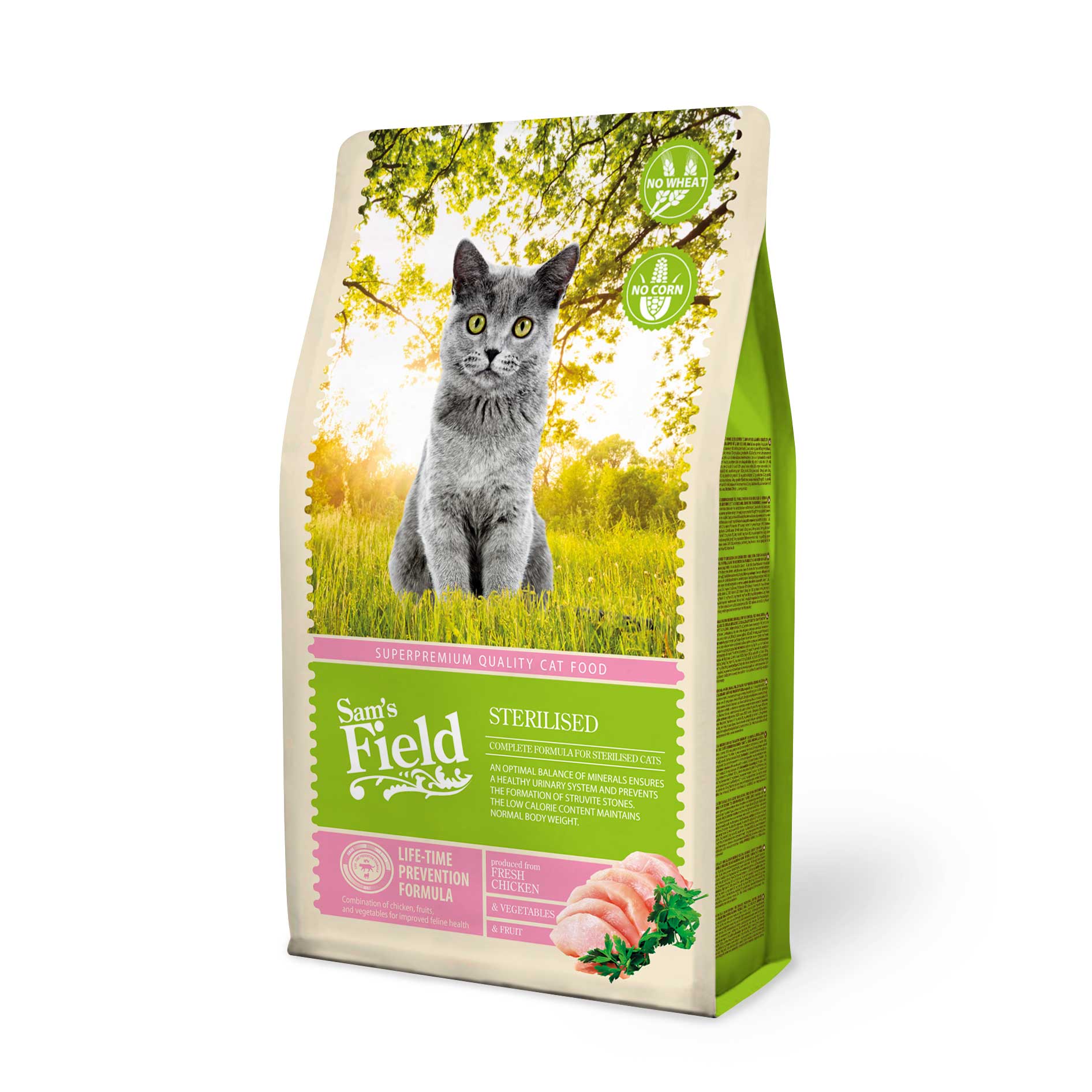 SAM'S FIELD CAT STERILISED - пълноценна храна за кастрирани котки без пшеница и царевица с пилешко месо. 7.5 кг.