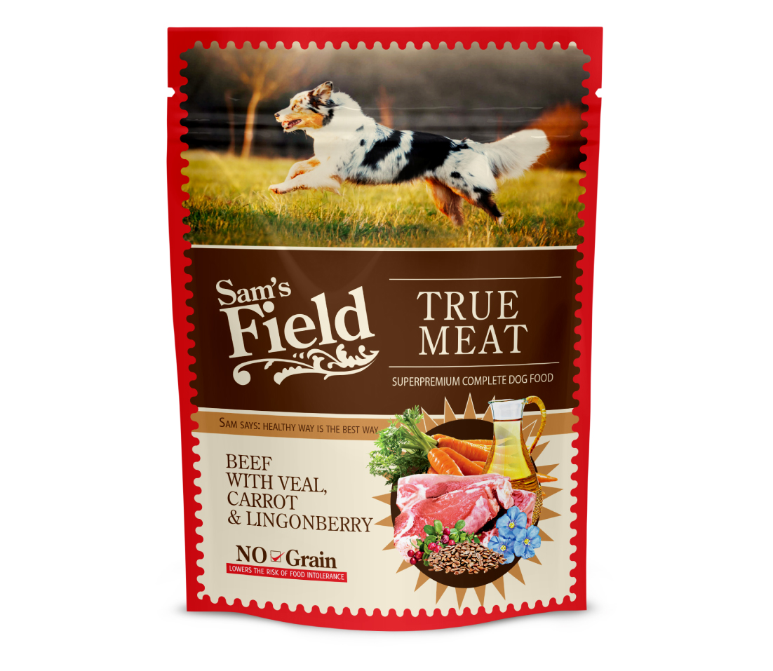 SAM'S FIELD Dog POUCH Говеждо, Телешко, Морков и Червена боровинка - пълноценна храна за израснали кучета от всички породи NO GRAIN-260 г