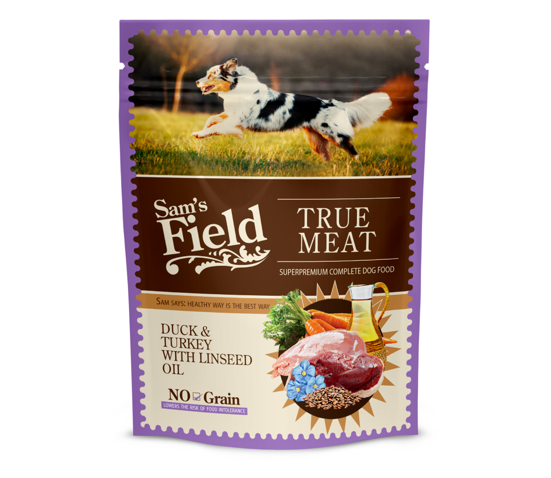 SAM'S FIELD Dog POUCH Патица, Пуйка и Ленено масло - пълноценна храна за израснали кучета от всички породи NO GRAIN-260 г