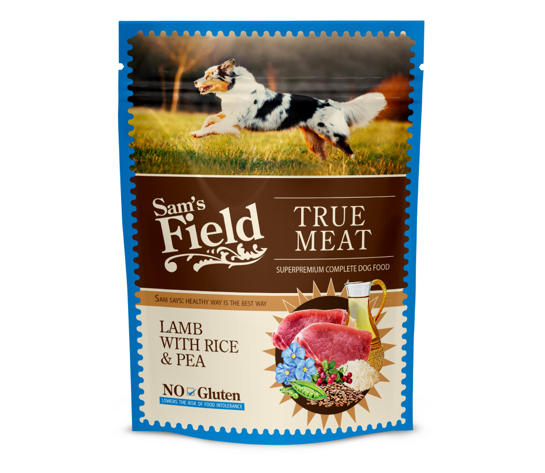 SAM'S FIELD Dog POUCH Агне, Ориз и Грах -пълноценна храна за израснали кучета от всички породи NO GRAIN-260 г