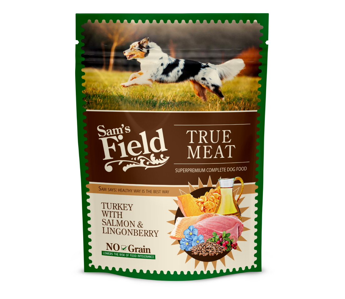 SAM'S FIELD Dog POUCH Пуйка, Сьомга и Червена боровинка - пълноценна храна за израснали кучета от всички породи NO GRAIN-260 г