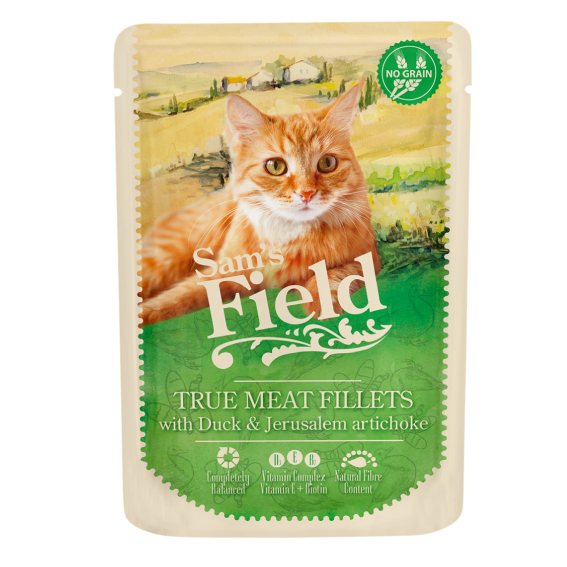 SAM'S FIELD Cat POUCH TRUE MEAT пилешко и патешко месо и йерусалимски артишок - пълноценна храна за израснали котки NO GRAIN - 12 бр. х 85 г
