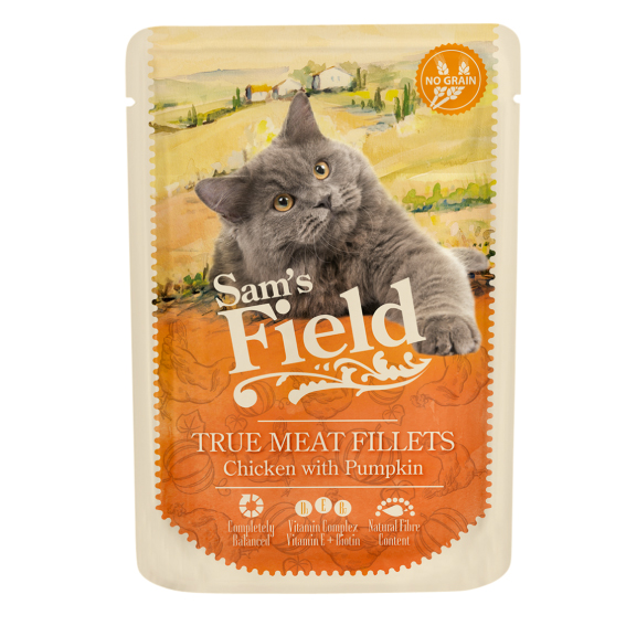 SAM'S FIELD Cat POUCH TRUE MEAT пилешко филе и тиква - пълноценна храна за израснали котки NO GRAIN - 12 бр. х 85 г