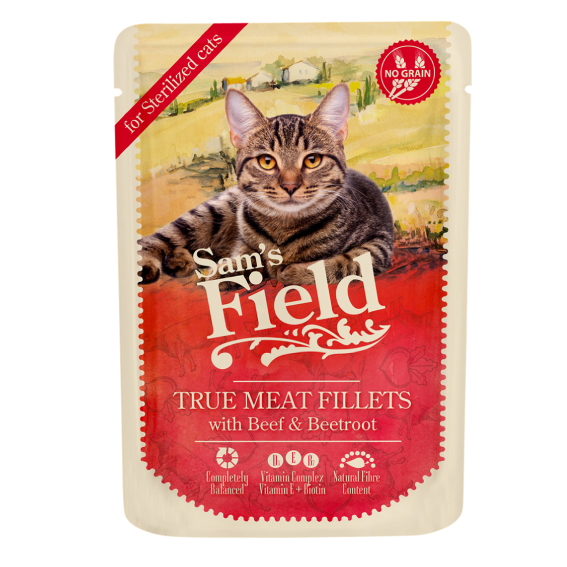 SAM'S FIELD Cat POUCH TRUE MEAT пилешко, говеждо и цвекло - пълноценна храна за кастрирани котки NO GRAIN - 12 бр. х 85 г