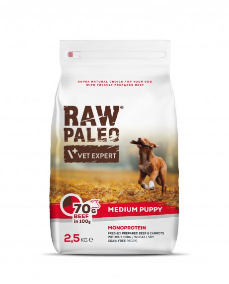 Raw Paleo Puppy Medium Beef – суха храна за бебета кученца от средни породи с телешко 2.5 кг.
