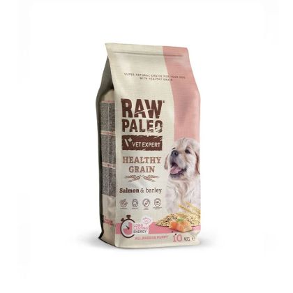 Raw Paleo Healthy Grain Puppy Salmon – Пълноценна и балансирана суха храна за подрастващи кучета от всички породи със сьомга и ечемик 10 кг.